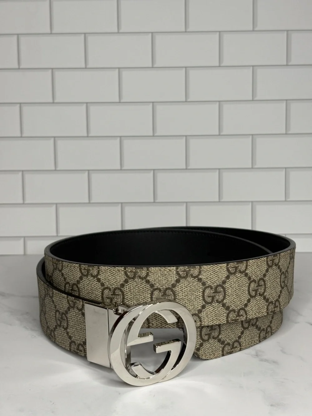 Gucci Beige GG Canvas Belt with Silver Double G Buckle